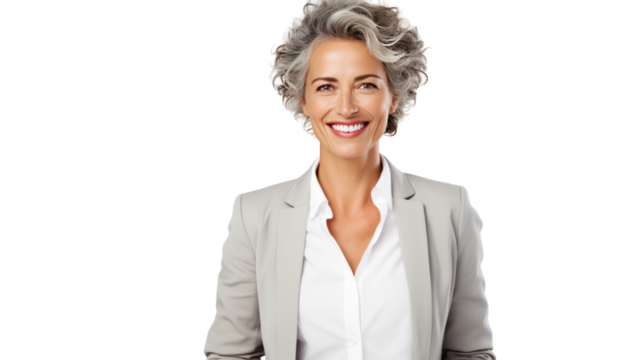 Close-up portrait of a woman with wisdom in her eyes isolated on transparent and white background.PNG image.	