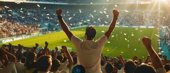 illustration of many sports fans cheering victory together happily and excited to watch their favorite football team in the football soccer stadium. Cheering sports fans wear white shirts.