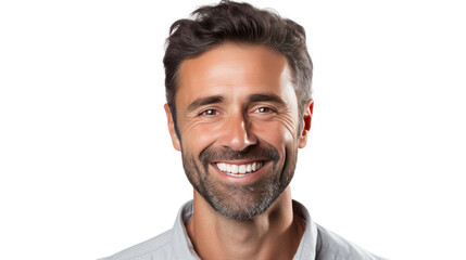 Obraz premium Close-up headshot of a smiling man with short hair in a casual shirt isolated on transparent and white background.PNG image. 