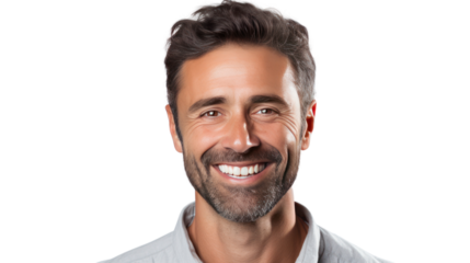 Close-up headshot of a smiling man with short hair in a casual shirt isolated on transparent and white background.PNG image.	