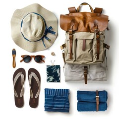 A straw hat, sunglasses, a brown leather backpack, flip-flops, a beach towel, and a sarong.
