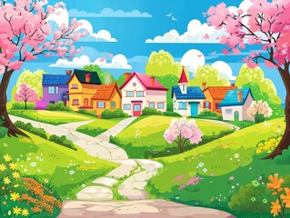 Colourful illustration of a vibrant neighbourhood with houses and trees on a sunny day.