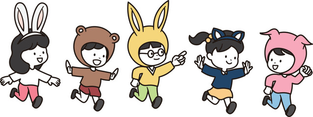 動物の仮装をして元気よく楽しく追いかけている男の子と女の子のイラスト素材