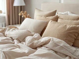 Cozy bed with beige pillows and a neutral-toned duvet.