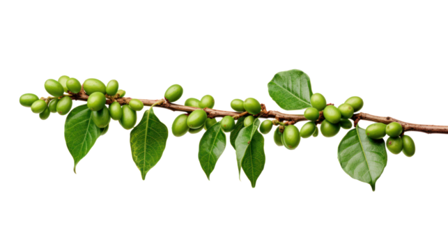 Coffee tree branch with green leaves and unripe coffee fruits or coffee cherries isolated on transparent and white background.PNG image. - Powered by Adobe