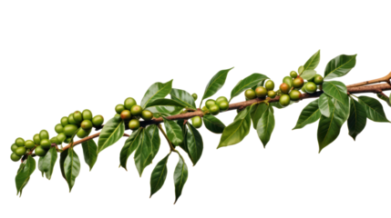 Coffee tree branch with green leaves and unripe coffee fruits or coffee cherries isolated on transparent and white background.PNG image.