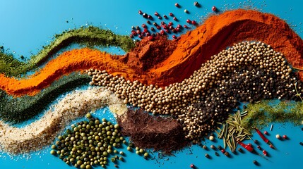 a variety of spices arranged in a dynamic zigzag formation on a backdrop of electric blue, their...