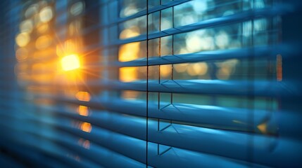 Office blinds provide a partial view with sunlight filtering through against an isolated navy background