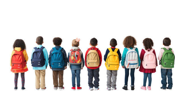 group of kids with colorful backpacks isolated on transparent and white background.PNG image.