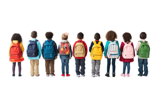 group of kids with colorful backpacks isolated on transparent and white background.PNG image.