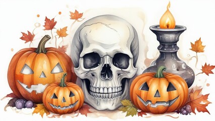 Skull, pumpkins, Halloween candles on a white isolated background. Wallpaper, Halloween background