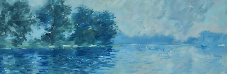 Impressionist Blue Gradient Landscape with Trees and Water
