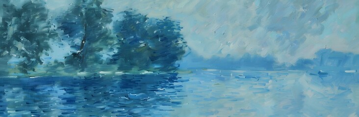 Fototapeta premium Impressionist Blue Gradient Landscape with Trees and Water