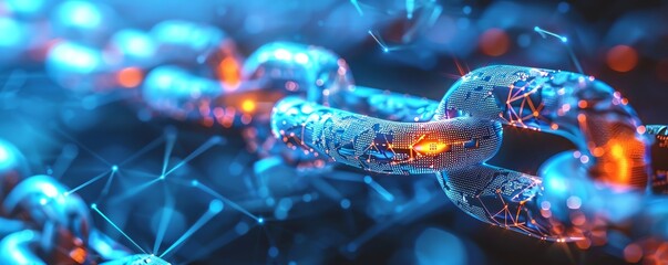 A conceptual image of a blockchain linking various sectors like finance, healthcare, and education