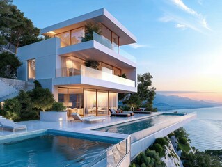 Luxurious modern house with multiple levels and an infinity pool at sunset.