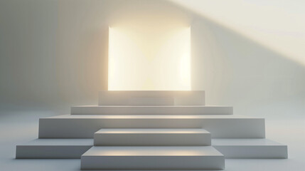 3D render of a stepped podium in a studio setting against a solid white background. The podium steps are arranged symmetrically with soft shadows and studio lighting highlighting the setup.
