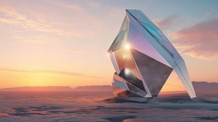 A futuristic home with a dynamic, angular design made of reflective materials, standing alone in a stark desert landscape at sunset. 32k, full ultra hd, high resolution