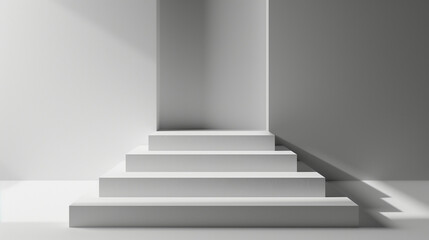3D render of a stepped podium in a studio setting against a solid white background. The podium steps are arranged symmetrically with soft shadows and studio lighting highlighting the setup.
