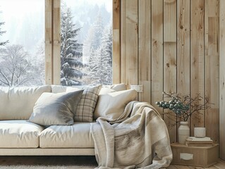 Cozy living room with a beige sofa and large windows overlooking snowy trees.