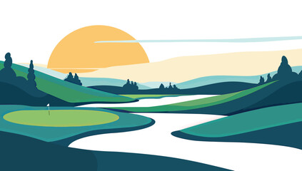 a painting of a golf course with a sunset in the background