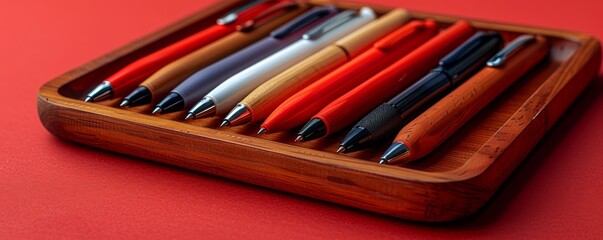 Luxury assorted pens in a wooden pen tray against a burgundy background stand out elegantly