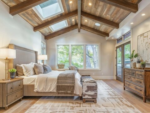 Spacious bedroom with a vaulted ceiling, large windows, skylights and cozy decor, creating a warm and inviting atmosphere.