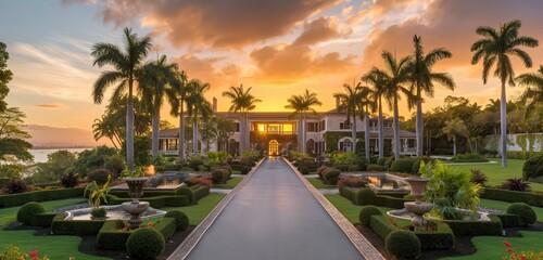 A grand colonial-style luxury villa with lush gardens, fountains, and a long driveway lined with palm trees, captured during the golden hour. 32k, full ultra hd, high resolution