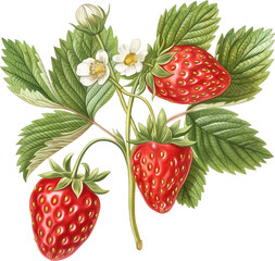  illustration of strawberry with leaves,vintage style