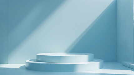 3D render of a podium in a studio setting against a solid blue background. The scene features smooth transitions and soft lighting to create a clean, elegant atmosphere.
