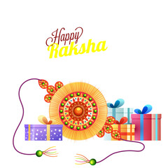 Happy Raksha Bandhan Greeting Card with Beautiful Rakhi, Gift Boxes on Orange Background.