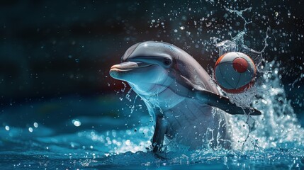Fototapeta premium Amazing photo of a dolphin playing with a ball.