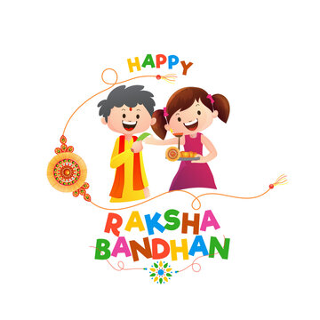 Cheerful Brother and Sister Celebrating Raksha Bandhan with Worship Plate, Can Be Used as Greeting Card.