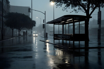 An empty bus stop in a rainy day