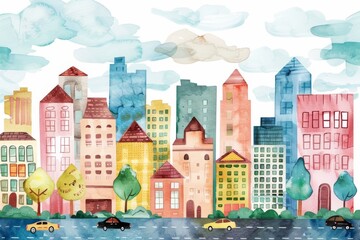 Fototapeta premium Aquarelle illustration of a cityscape with colorful houses, blue sky and trees.