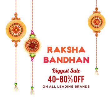 Raksha Bandhan sale poster design with hanging beautiful rakhis on chrome yellow brush stroke background.