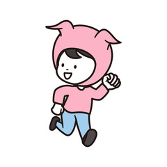 豚の仮装をして元気よく楽しく追いかけている男の子のイラスト素材