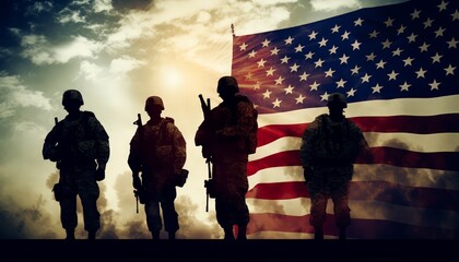 Silhouettes of soldiers on background of sunset and USA flag. Greeting card for Veterans Day, Memorial Day, Independence Day.