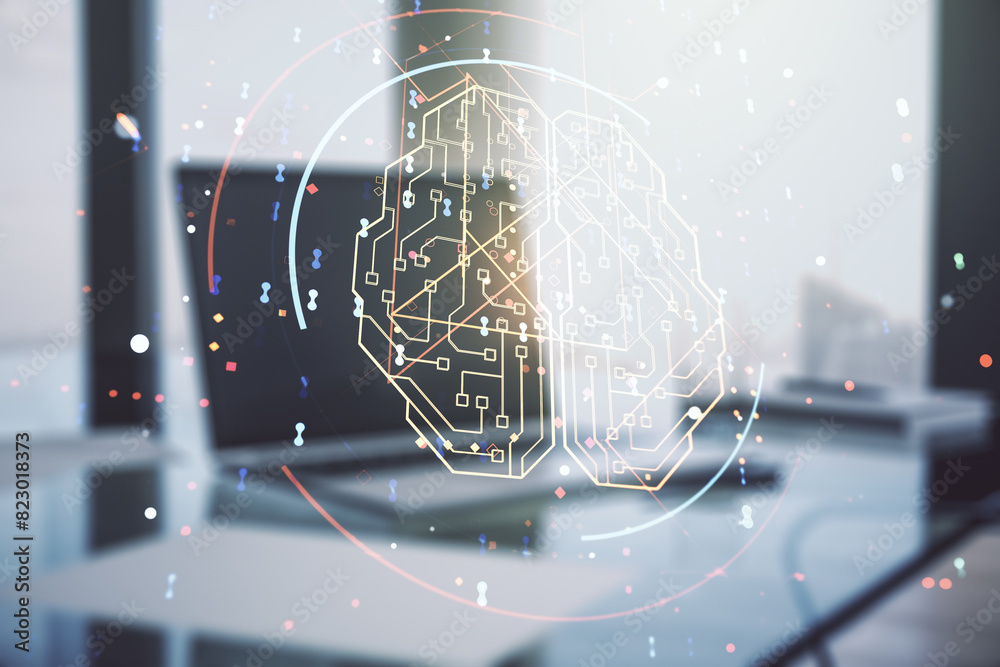 Aufkleber Double exposure of creative artificial Intelligence symbol with modern laptop on background. Neural networks and machine learning concept