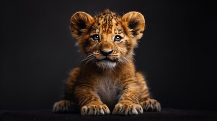 3D rendered lion cub sitting and tilting its head adorably on a dark backdrop