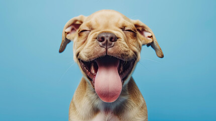 Hungry funny puppy dog licking its nose with tongue out. Isolated on blue background