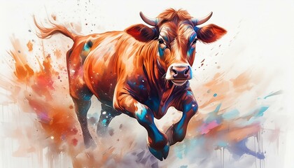 Image of painting brown cow running on white background. Farm animals. Illustration.