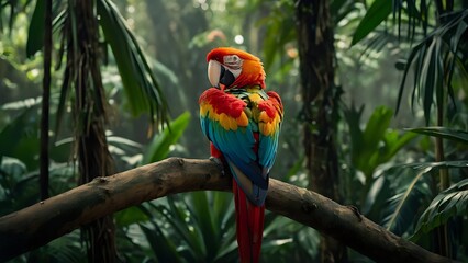 magnificent macaw perched in lush jungle habitat