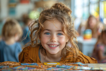 A close-up portrait of a happy little girl with curly blonde hair, wearing brown and blue eyes smiling at the camera while playing in her kindergarten class. Created with Ai