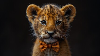 3D lion cub sitting and wearing a tiny bow tie, black background