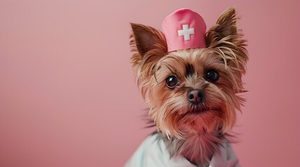 Adorable Yorkshire Terrier Dressed as a Nurse with Pink Pastel Background
