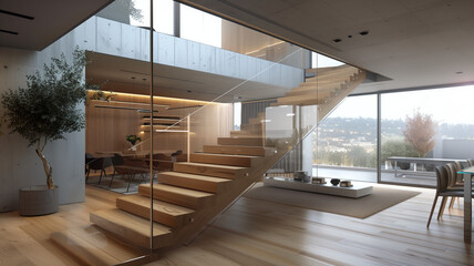 Fototapeta premium a contemporary interior design element featuring glass fencing and wooden stairs. Generative AI