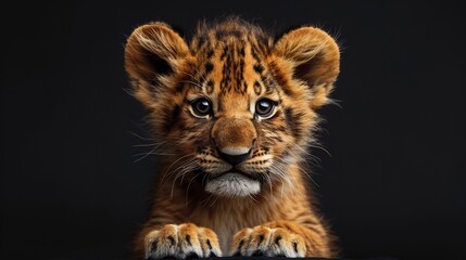 3D lion cub with an inquisitive look, sitting with paws together on a black backdrop