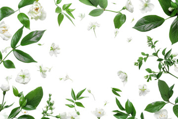 White Flowers and Green Leaves on a White Background