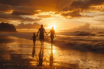 Panoramic photo, silhouette of family holding hands, walking along the beach at sunset, warm golden hues reflecting on calm waves, photorealistic detail, serene and tranquil mood