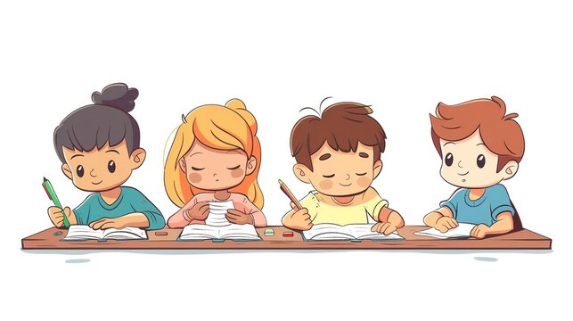 Children playing and learning, Cute illustration of children studying together, focusing on their books and writing at a wooden table with various pencils and papers.